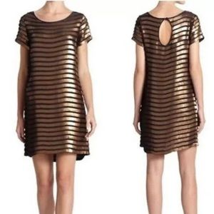 French Connection Sequin Shift Dress Size 4 Black Gold Stripe Short Sleeve Dress
